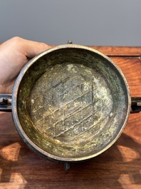 An unusual Chinese archaistic bronze censer with wooden cover, 'gui', Song