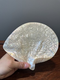 Five Chinese carved mother-of-pearl shells on wooden stands, Canton, 19th C.