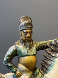 A Chinese sancai roof tile in the shape of a warrior on horseback, Ming