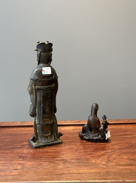 Two Chinese bronze figures of Wenchang and Guanyin, Ming