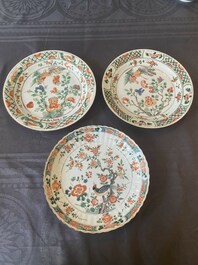 Three Chinese famille verte 'phoenix and peony' plates, Kangxi