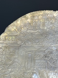 Five Chinese carved mother-of-pearl shells on wooden stands, Canton, 19th C.