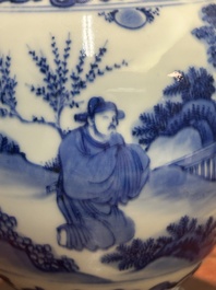 A Chinese blue and white ewer with figures in a landscape, Transitional period