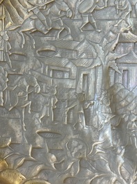 Five Chinese carved mother-of-pearl shells on wooden stands, Canton, 19th C.
