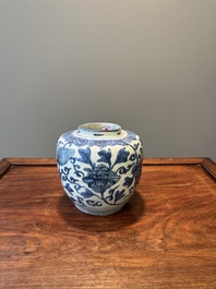 A Chinese blue and white 'Buddhist lion and lotus scroll' jar, Wanli