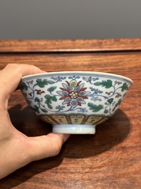 A Chinese doucai 'lotus scroll' bowl, Qianlong mark and of the period