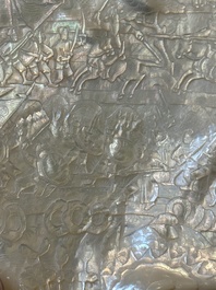 Five Chinese carved mother-of-pearl shells on wooden stands, Canton, 19th C.
