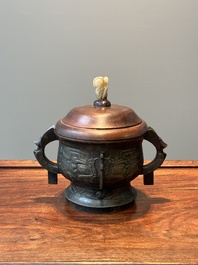 An unusual Chinese archaistic bronze censer with wooden cover, 'gui', Song