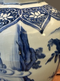 A Chinese blue and white octagonal 'Jia Guan Jin Jue 加官晉爵' vase, Transitional period