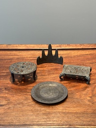 A group of four Chinese bronze scholar&rsquo;s desk objects, Shi Sou 石叟 mark, Ming/Qing