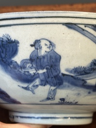 Bol en porcelaine de Chine en bleu et blanc &agrave; d&eacute;cor de personnages dans un paysage, marque de Chenghua, Chongzhen