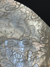 Five Chinese carved mother-of-pearl shells on wooden stands, Canton, 19th C.