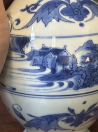 A Chinese blue and white ewer with landscape design, Transitional period
