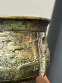 An unusual Chinese archaistic bronze censer with wooden cover, 'gui', Song