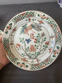 Three Chinese famille verte 'phoenix and peony' plates, Kangxi