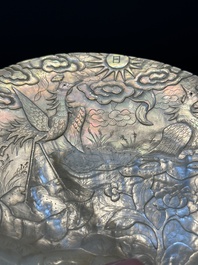 Five Chinese carved mother-of-pearl shells on wooden stands, Canton, 19th C.