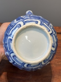 A Chinese blue and white wine ewer and cover with figural design, Wanli