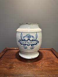 A large Delft blue and white albarello drug jar, probably England, 18th C.