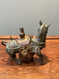 A rare Chinese partly lacquered and gilt bronze incense holder in the shape of a horse, Yuan/early Ming