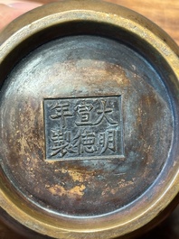 Two Chinese bronze censers, Xuande mark, Yuan/Ming