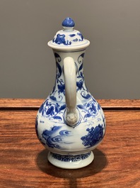 A Chinese blue and white 'fisherman and woodcutter' ewer and cover, Transitional period