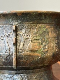 An unusual Chinese archaistic bronze censer with wooden cover, 'gui', Song