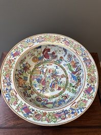 A large Chinese Canton famille rose 'Qi Lin Song Zi 麒麟送子' basin, 19th C.