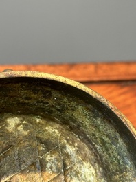 An unusual Chinese archaistic bronze censer with wooden cover, 'gui', Song