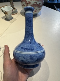 An exceptional Chinese blue and white 'mythic animals' garlic-mouth bottle vase on wooden stand, Kangxi mark and of the period