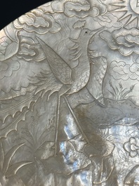 Five Chinese carved mother-of-pearl shells on wooden stands, Canton, 19th C.