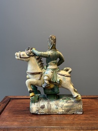 A Chinese sancai roof tile in the shape of a warrior on horseback, Ming