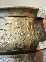 An unusual Chinese archaistic bronze censer with wooden cover, 'gui', Song