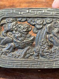 A group of four Chinese bronze scholar&rsquo;s desk objects, Shi Sou 石叟 mark, Ming/Qing