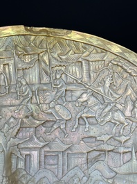 Five Chinese carved mother-of-pearl shells on wooden stands, Canton, 19th C.