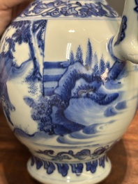 A Chinese blue and white ewer with figures in a landscape, Transitional period