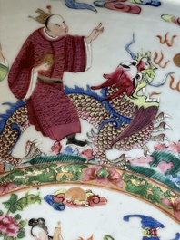 A large Chinese Canton famille rose 'Qi Lin Song Zi 麒麟送子' basin, 19th C.