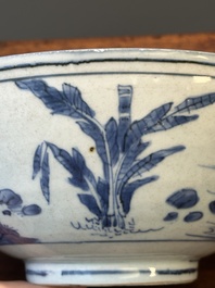 A Chinese blue and white bowl with figures in a landscape, Chenghua mark, Chongzhen