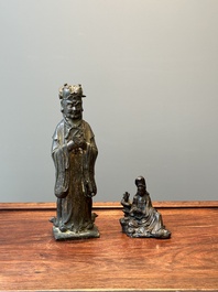 Two Chinese bronze figures of Wenchang and Guanyin, Ming
