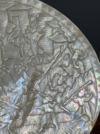Five Chinese carved mother-of-pearl shells on wooden stands, Canton, 19th C.