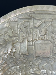 Five Chinese carved mother-of-pearl shells on wooden stands, Canton, 19th C.
