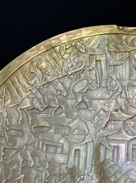Five Chinese carved mother-of-pearl shells on wooden stands, Canton, 19th C.