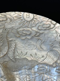 Five Chinese carved mother-of-pearl shells on wooden stands, Canton, 19th C.