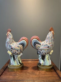 A pair of large Chinese famille rose models of roosters with gilt bronze mounts, Qianlong