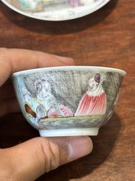 A rare Chinese rose-grisaille cup and saucer after 'Actors of the Com&eacute;die-Francaise' by Watteau, Yongzheng/Qianlong