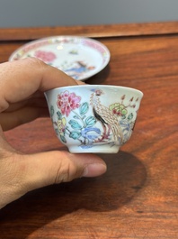 Three Chinese famille rose 'pheasant' cups and saucers, Yongzheng