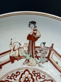 A Chinese wucai dish with figural and floral design, Jiajing mark, Transitional period