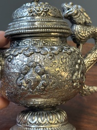 A fine Tibetan silver plated 'bajixiang' teapot, 19th C.