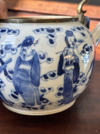 A Chinese blue and white 'Eight Immortals' teapot with bronze mounts for the Thai market, Yong Mao Yuan Ji 永茂源記 mark, 19th C.