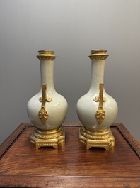 A pair of Chinese ge-type vases with gilt bronze mounts, 19th C.