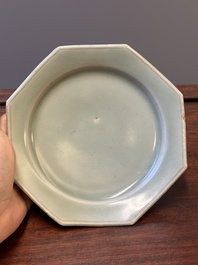 A octagonal Chinese Longquan celadon plate, probably Ming